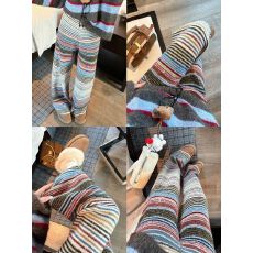 批发复古撞色条纹针织阔腿裤加厚毛线宽松外穿直筒毛织休闲长裤 