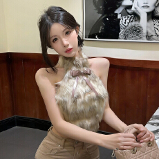 批发实拍实价  蝴蝶结毛毛拼接挂脖背心<b class='q'>冬</b>季内搭无袖外穿短款辣妹上衣