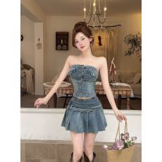 批发实拍实价  西部复古牛仔风抹胸<b class='q'>马甲</b>百褶裙两件套修身减龄显瘦套装