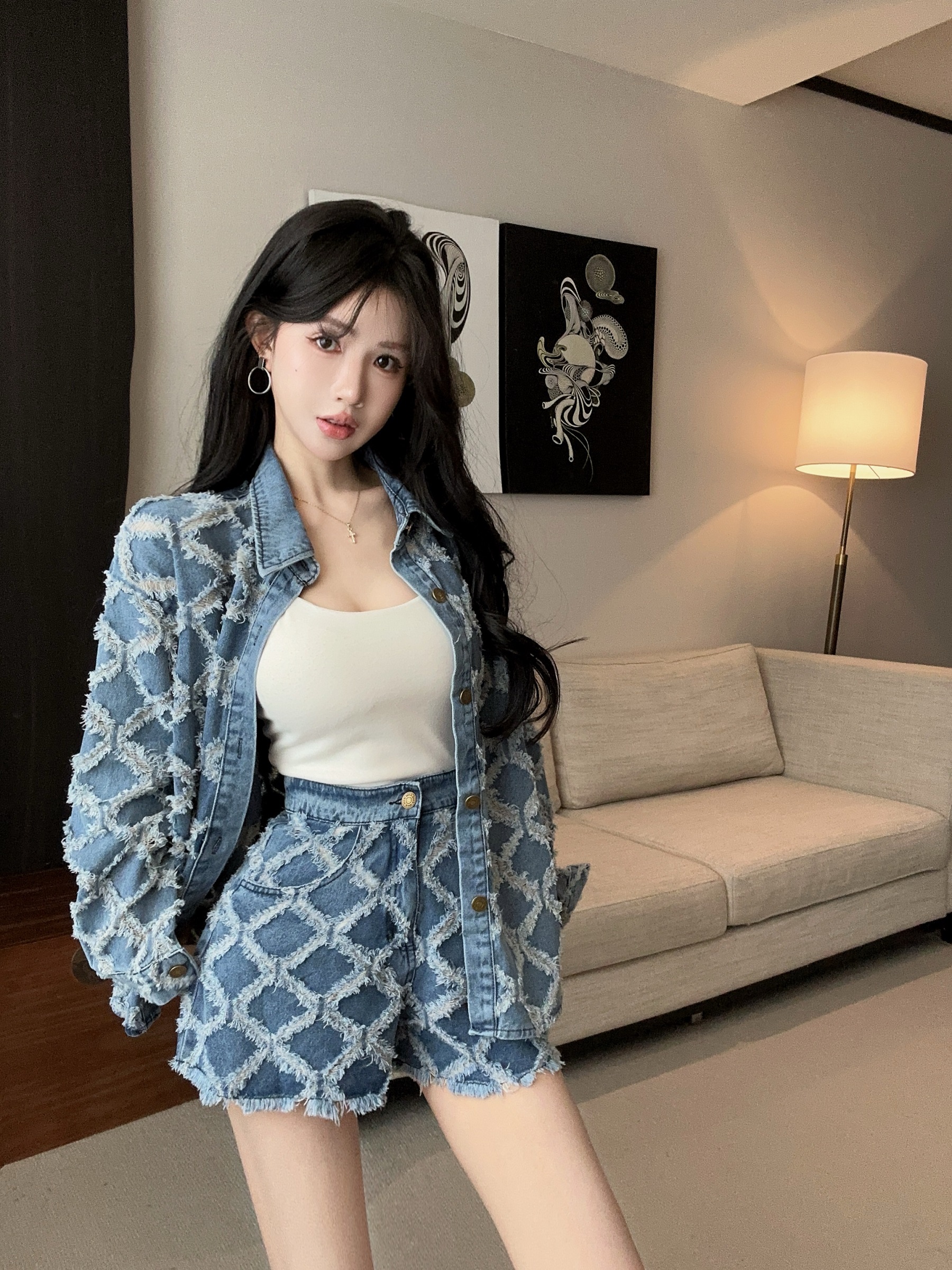 실사 정가 고급 센스 거친 가장자리 폴로 칼라 긴팔 셔츠 재킷 하이웨이스트 와이드 레그 팬츠 데님 투피스 세트