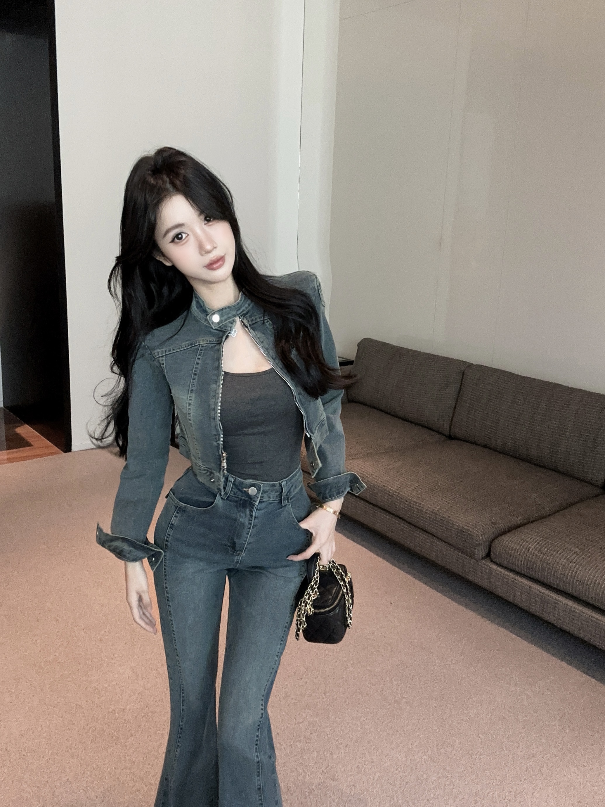 실사 정가 핫걸 데님 세트 레트로 튀김 거리 지퍼 디자인 센스 쇼트 스타일 재킷 몸매 가꾸기 긴 바지 투피스 세트