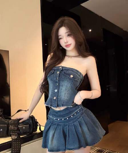 실사 정가 열린 봄 패션 데님 다용도 연령 감소 민소매 튜브탑 반신 세트