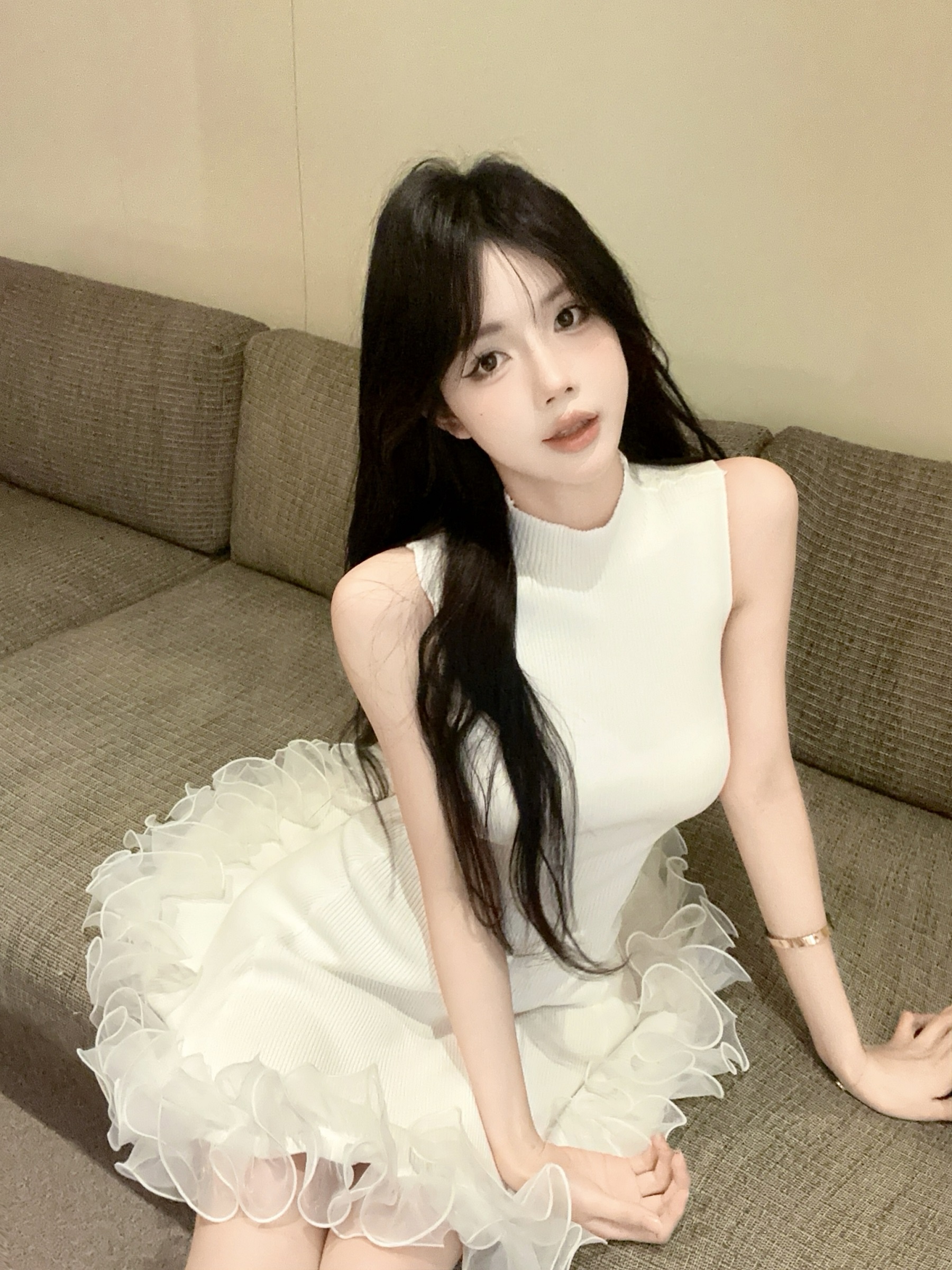 실사 정가 스탠드 칼라 민소매 니트 원피스 순수한 욕망 허리 수축 한 마디 조끼 짧은 드레스