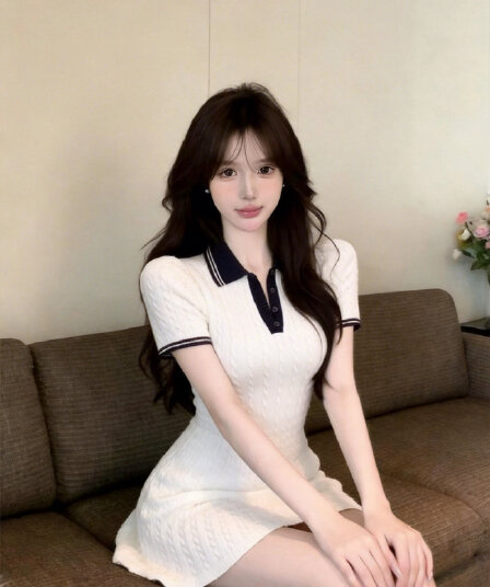 실사 정가 POLO 칼라 달콤함 품격 연령 감소 허리 수축 니트 드레스