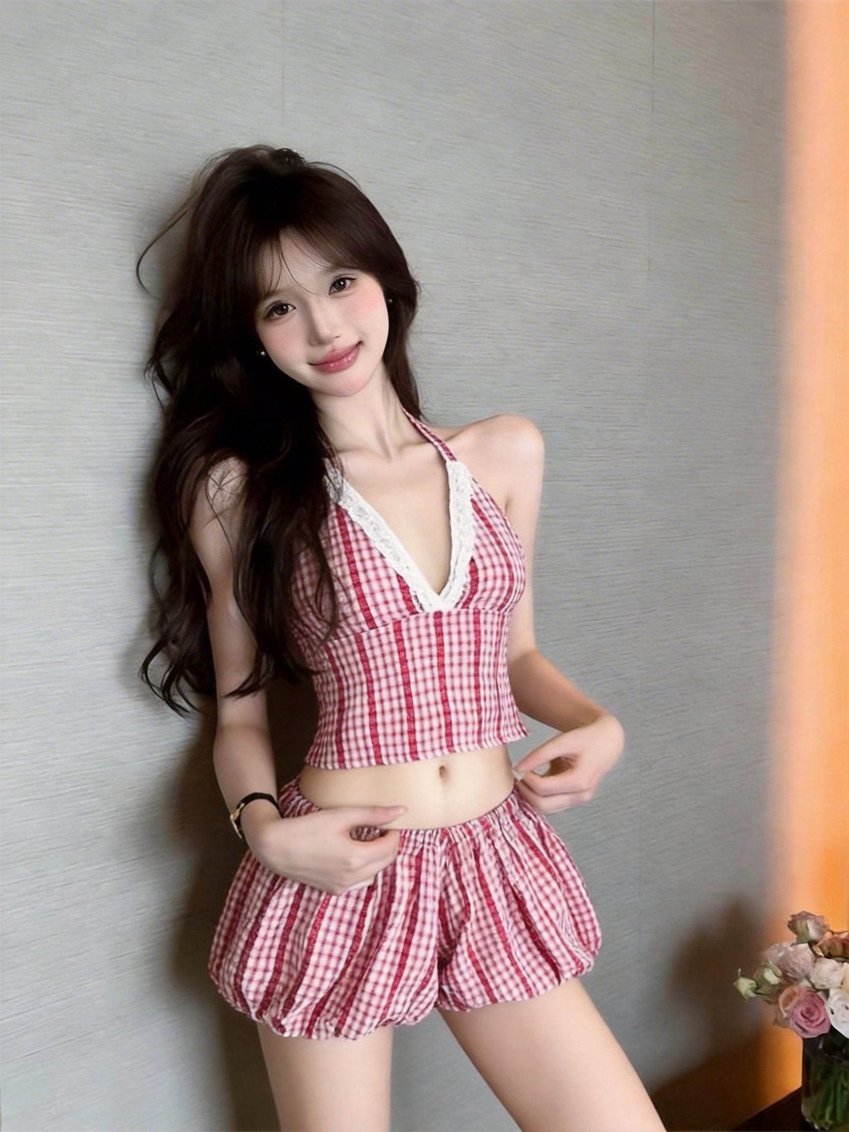 실사 정가 달콤함 연령 감소 V넥 레이스 레이스업 백리스 슬립 맨위 슬림해 보이는 꽃밭 반바지 투피스 세트