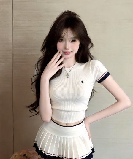 실사 정가 품격 연령 감소 화이트 니트 반팔 맨위 플리츠 스커트 패션 투피스 세트