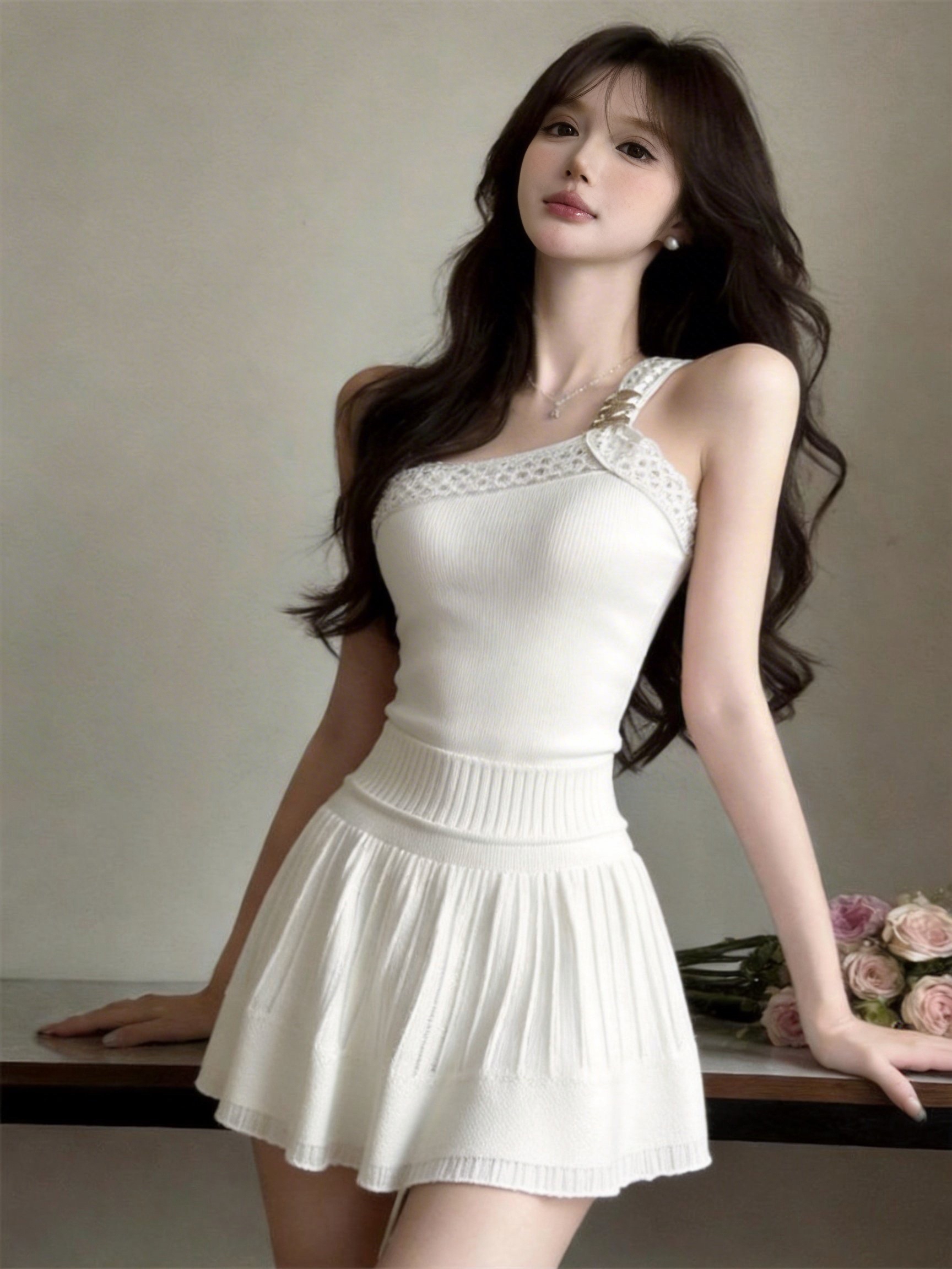 실사 정가 여름 착용 가져 가라. 전체 집합 섹시함 작은 셔츠 슬림해 보이는 비스듬한 어깨 니트 맨위 하이웨이스트 미니 스커트