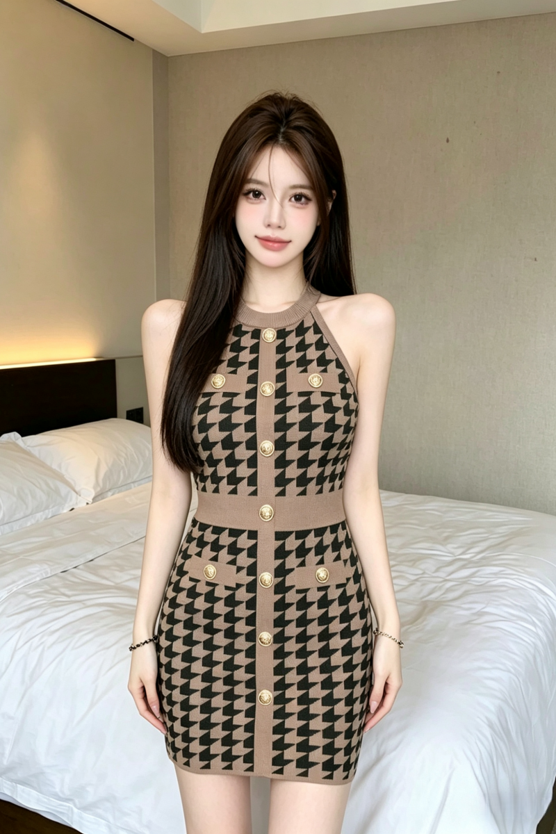 실사 정가 프랑스식 오프숄더 디자인 센스 체크무늬 허리 수축 슬림해 보이는 민소매 드레스