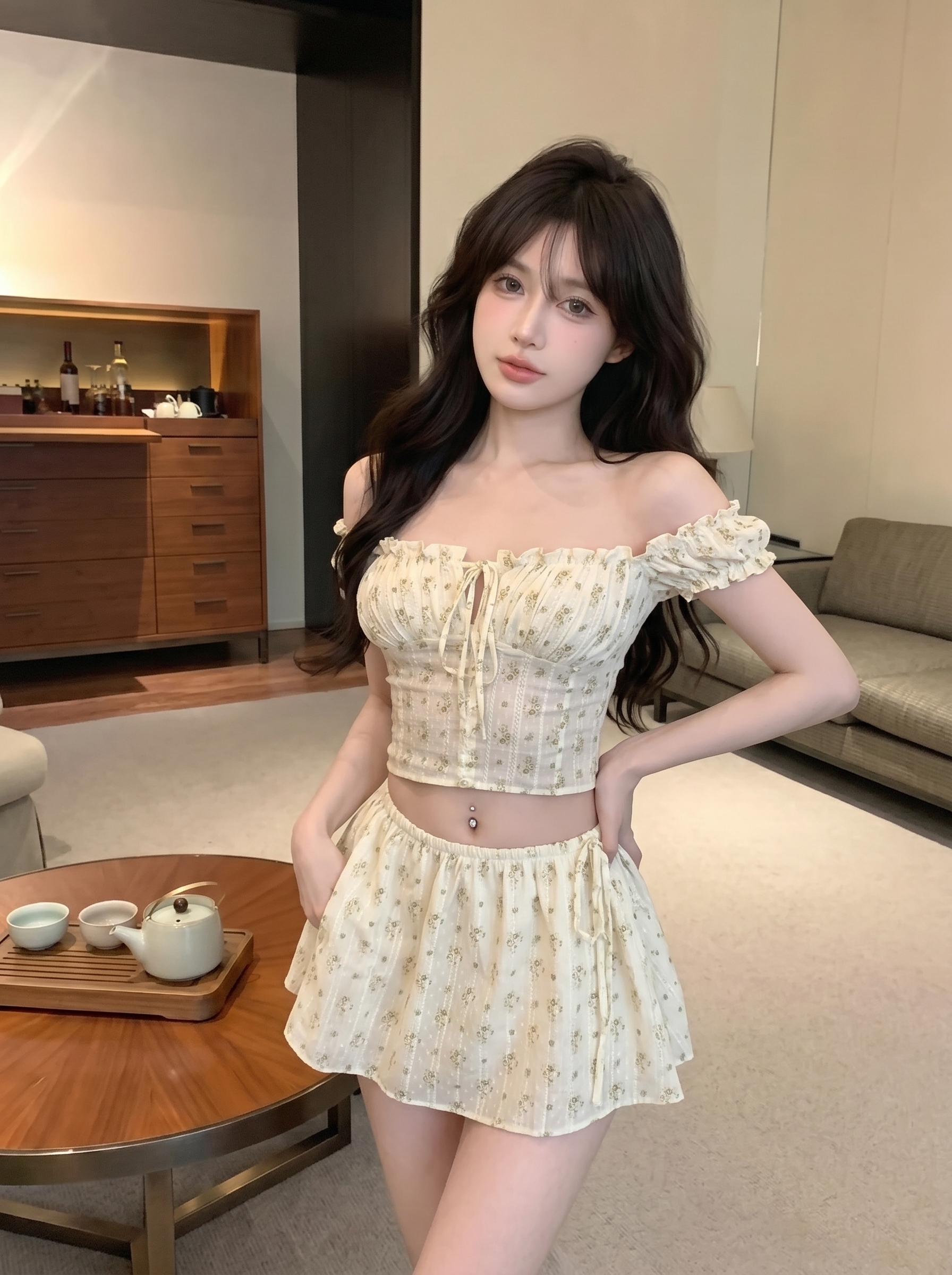 실사 정가 달콤한 핫걸 오프숄더 꽃무늬 투피스 세트 부드러운 쇼트 스타일 맨위 하이웨이스트 반신 치마 세트