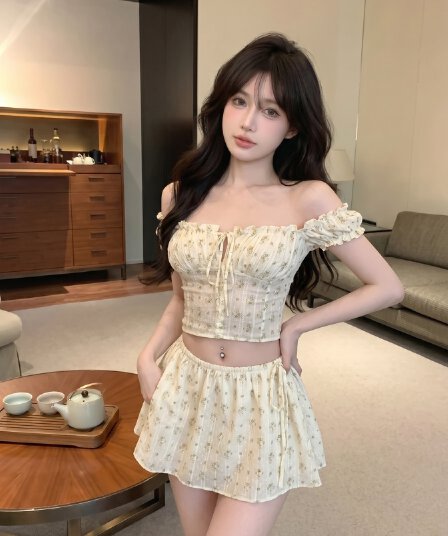실사 정가 달콤한 핫걸 오프숄더 꽃무늬 투피스 세트 부드러운 쇼트 스타일 맨위 하이웨이스트 반신 치마 세트