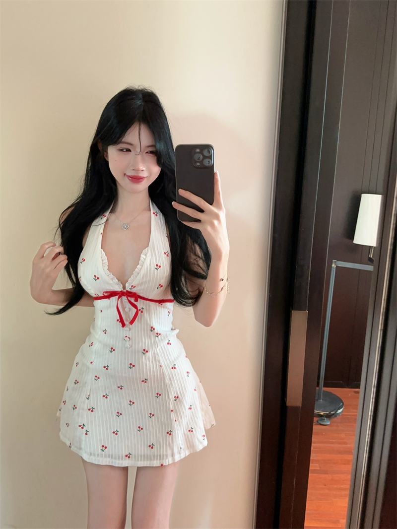 실사 정가 깊은 v 행침 목 백리스 체리 프린트 허리 수축 연령 감소 드레스
