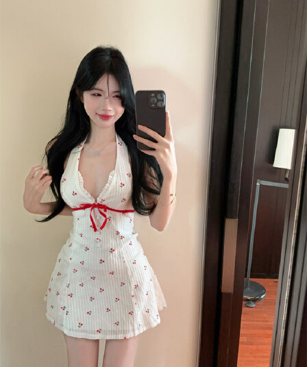 실사 정가 깊은 v 행침 목 백리스 체리 프린트 허리 수축 연령 감소 드레스