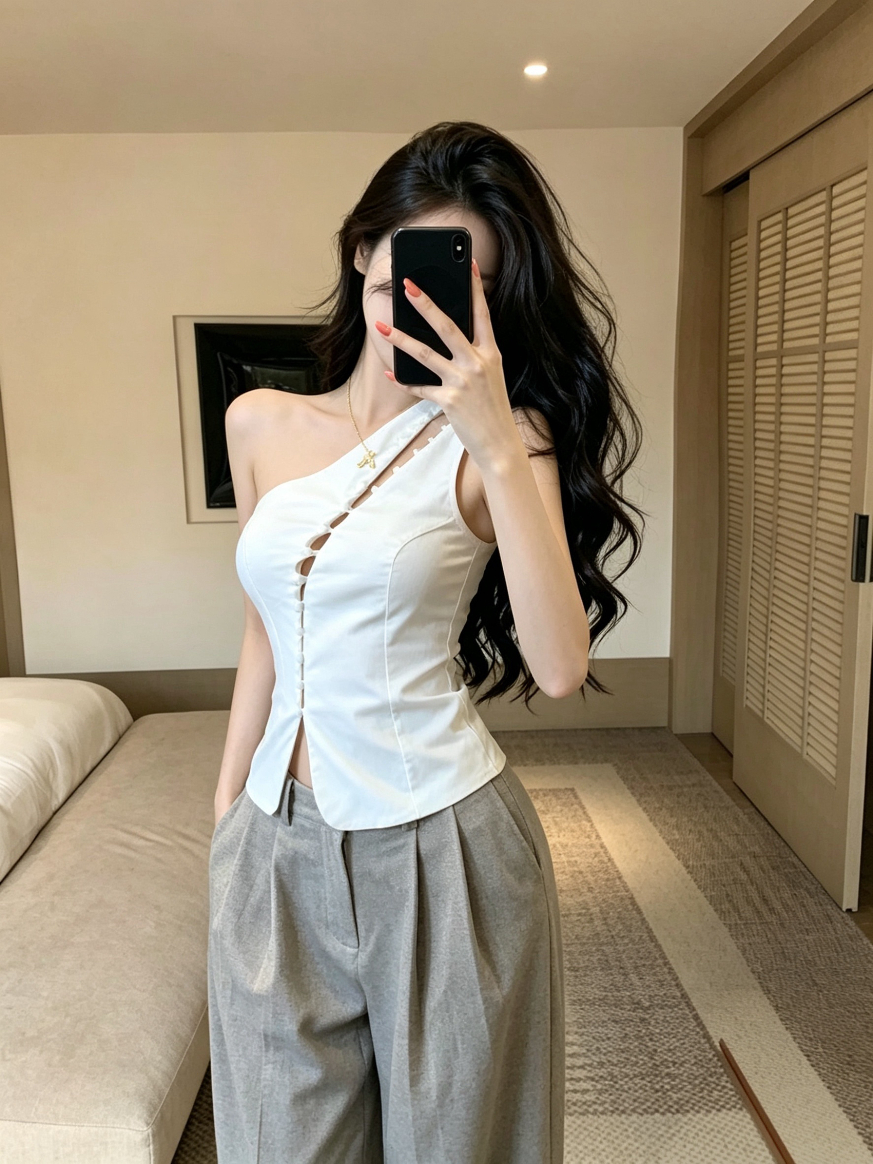 실사 정가 디자인 센스 비스듬한 칼라 훅 버클 민소매 백리스 조끼 맨위