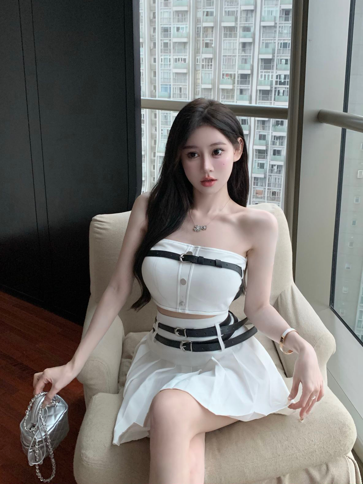 실사 정가 쇼트 스타일 포장 가슴 튜브탑 조끼 맨위 플리츠 더블 벨트 반신 스커트 투피스 세트