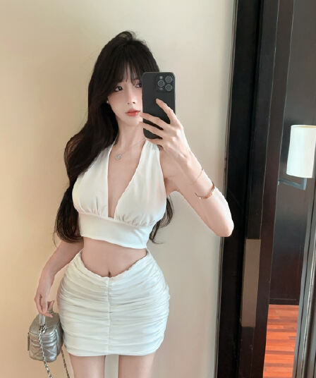 실사 정가 뼈의 행침 목 레이스업 짧은 슬립 맨위 하이웨이스트 주름 반신 스커트 투피스 세트