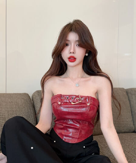 실사 정가 섹시함 핫걸 레트로 뱀 무늬 가죽 버클 포장 가슴 허리 수축 이슬 뼈의 조끼 맨위