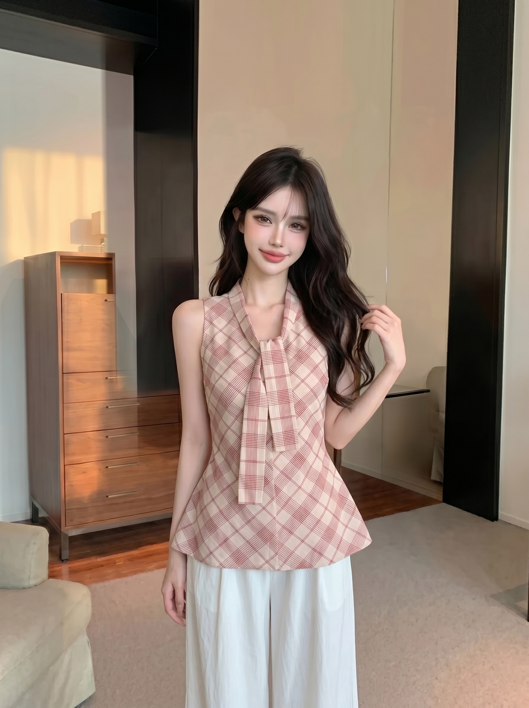 실사 정가 레트로 빨간색 체크무늬 V넥 스트랩 민소매 캐미솔 캐주얼 맨위