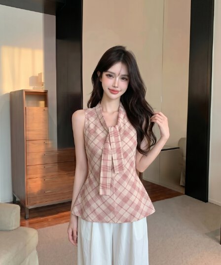 실사 정가 레트로 빨간색 체크무늬 V넥 스트랩 민소매 캐미솔 캐주얼 맨위
