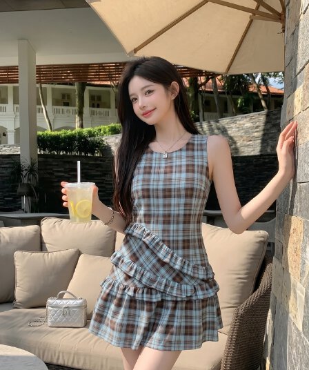실사 정가 레트로 체크무늬 민소매 드레스 품격 루즈핏 디자인 센스 체크무늬 조끼 원피스 치마