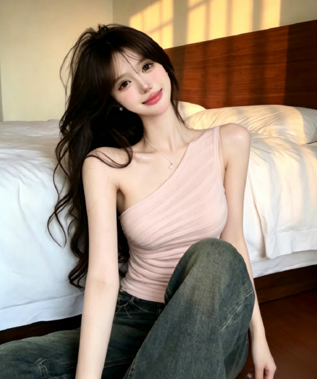 실사 정가 순수한 욕망 바람 비스듬한 어깨 니트 조끼 프랑스식 핫걸 주름 스트라이프 맨위
