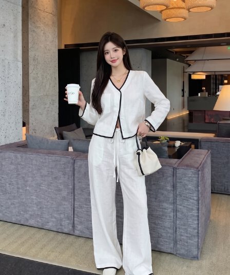 실사 정가 캐주얼 배색 측면 길이 소매 셔츠 오픈 가디건 펌프 로프 긴 바지 투피스 세트