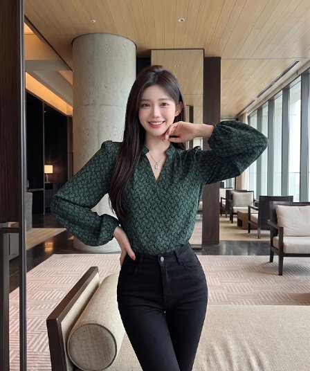 실사 정가 V넥 프린트 갭 칼라 긴팔 셔츠