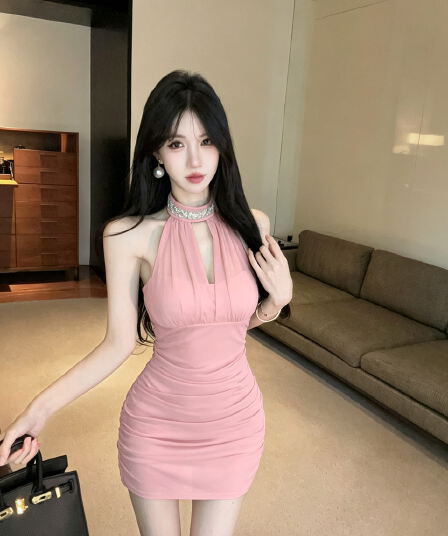 실사 정가 무거운 작업 다이아몬드 세팅 홀로우 아웃 행침 목 허리 수축 백리스 타이트 스커트 드레스
