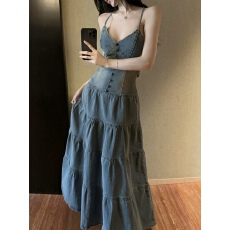 批发实拍实价 美式辣妹复古牛仔吊带<b class='q'>连衣裙</b>露背收腰显瘦气质长裙子