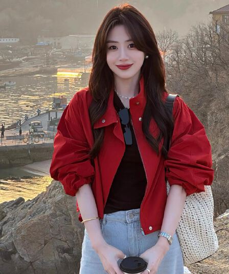 2026 이른 가을 새로운 작은 키 쇼트 스타일 야구 유니폼 자이언트 잘 생긴 ~ 중 스탠드 칼라 빨간색 자켓 여성 코트 봄 가을
