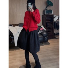 批发秋冬红色毛衣搭配五分毛呢花苞短裙女大衣内搭显瘦毛衣<b class='q'>蓬蓬</b><b class='q'>裙套装</b>