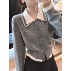批发小香风灰色翻领假两件针织衫2025<b class='q'>秋</b>季新款小个子短款掐腰显瘦上衣