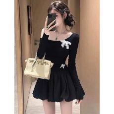 批发赫本风黑色露肩蝴蝶结<b class='q'>连衣裙</b>女秋冬收腰显瘦小个子别致漂亮短裙子