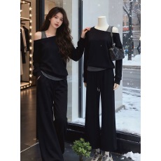 批发韩版简约气质休闲黑色露肩<b class='q'>上衣</b>长<b class='q'>裤</b>女<b class='q'>装</b>2025秋冬新款辣妹显瘦套<b class='q'>装</b>