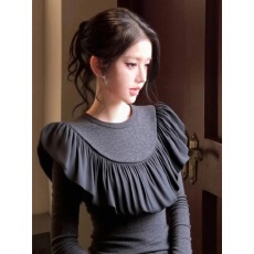 独特别致灰色荷叶边拼接上衣女装2025冬季气质高级感修身百搭T恤