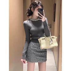 批发精致小个子气质女神范高级感小洋装富家千金灰色针织<b class='q'>连衣裙</b>套装春