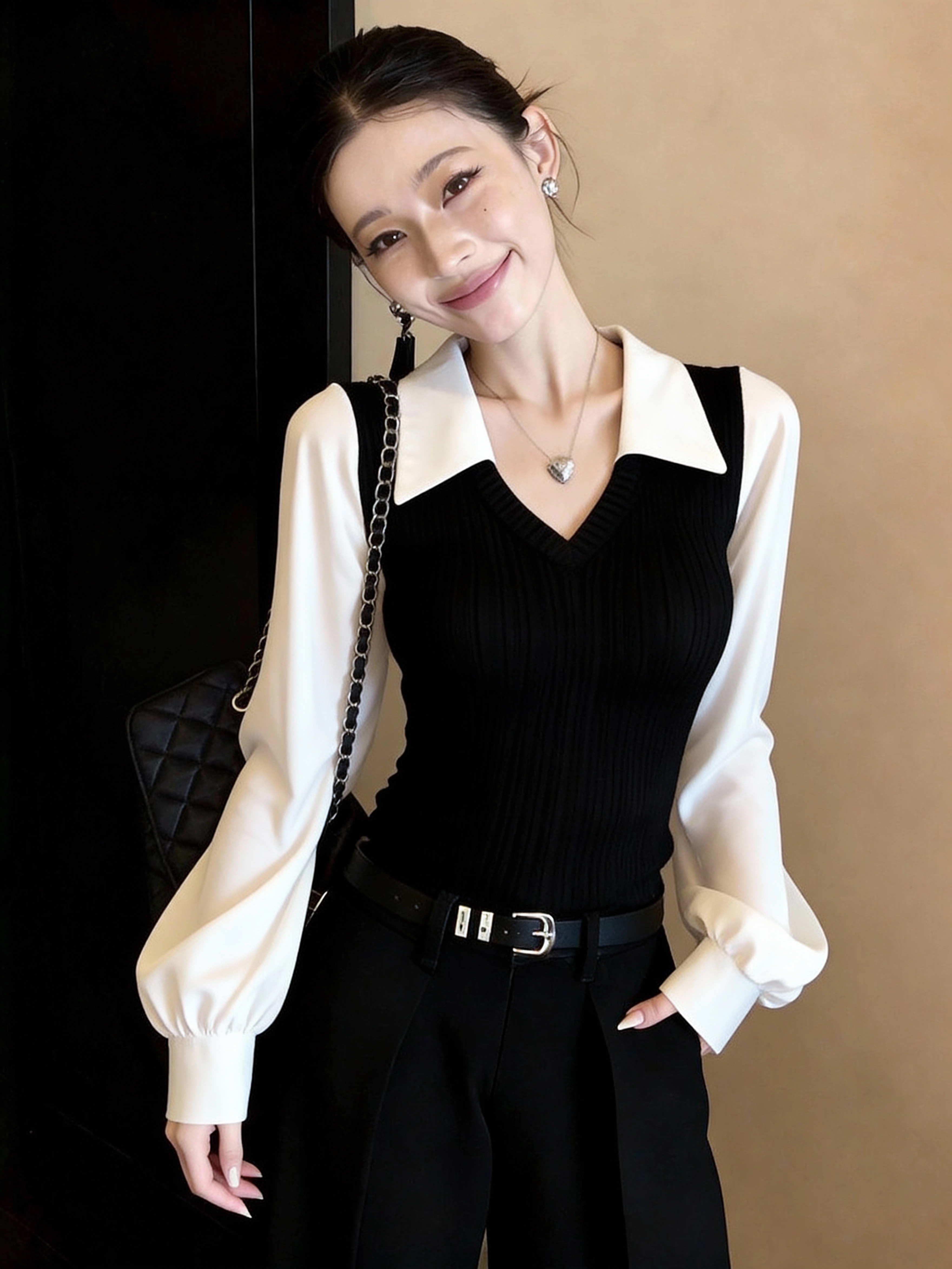 작은 샤넬 스타일 미니멀리즘 캐주얼 와 성별 일상 출퇴근 인기 흑인과 백인 여성 셔츠 2026 이른 봄 배색 패치워크 맨위
