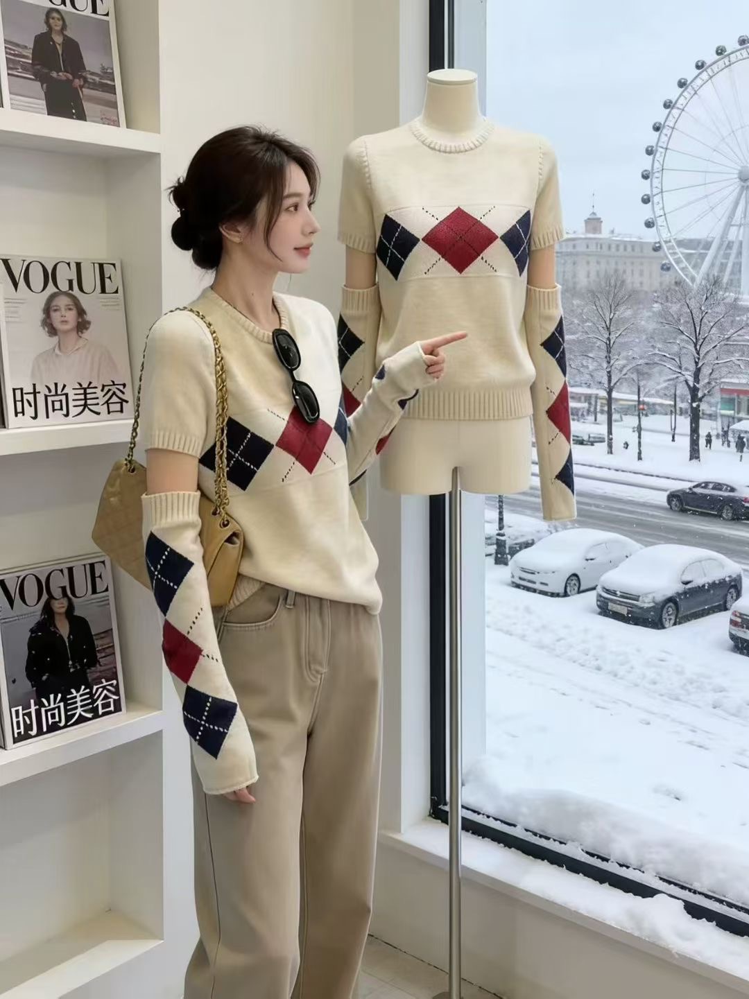 한 부서 레트로 링 그리드 소매 커버 니트 스웨터 여성 2026 이른 봄 새로운 고유 한 자이언트 잘 생긴 ~ 중 스웨터 Chic 맨위