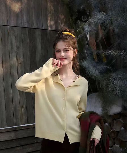 2026 봄 새로운 꽃 폴로 칼라 니트 스웨터 털 셔츠 미니멀리즘 긴팔 카디건 코트