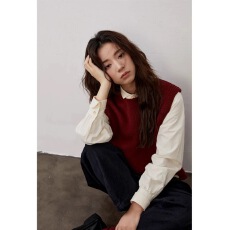 批发背心马甲上衣坎肩衬衣叠穿车厘子红无袖慵懒风法式毛衣女春秋套装