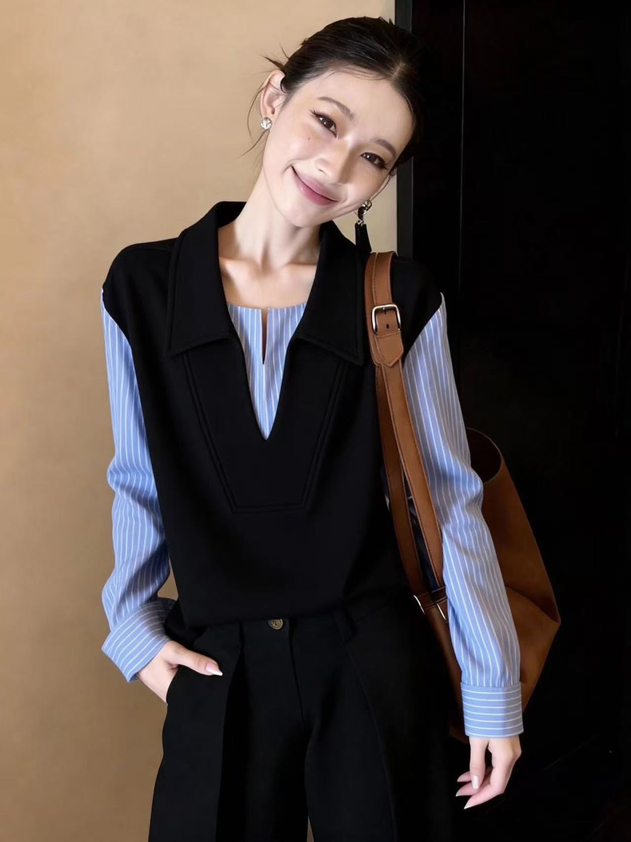 미니멀리즘 작은 대중 루즈핏 슬림해 보이는 편안함 일상 출퇴근 페이크 레이어드 맨위 여성 2026 이른 봄 배색 스트라이프 셔츠