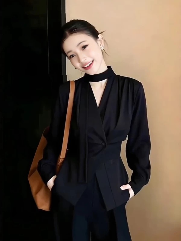 프랑스식 빛 럭셔리 V넥 비틀림 리본 셔츠 여성 긴 소매 출퇴근 검정색 품격 맨위 디자인 센스 봄 새로운