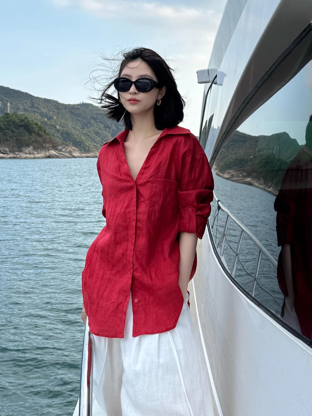 빨간색 휴가 바람 아마 여성 셔츠 봄 여름 새로운 느긋한 느슨함 센스 캐주얼 디자인 센스 작은 대중 자외선 차단 셔츠