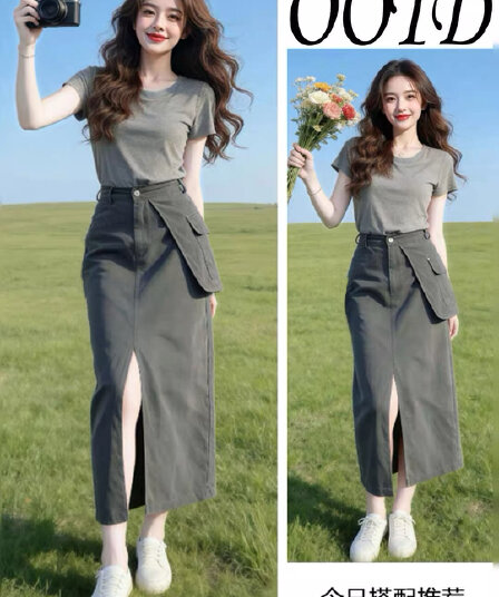 패션 여름 미니멀리즘 다용도 라운드 넥 반팔 티셔츠 아메리칸 워크웨어 불규칙 반신 스커트 품격 세트 여성