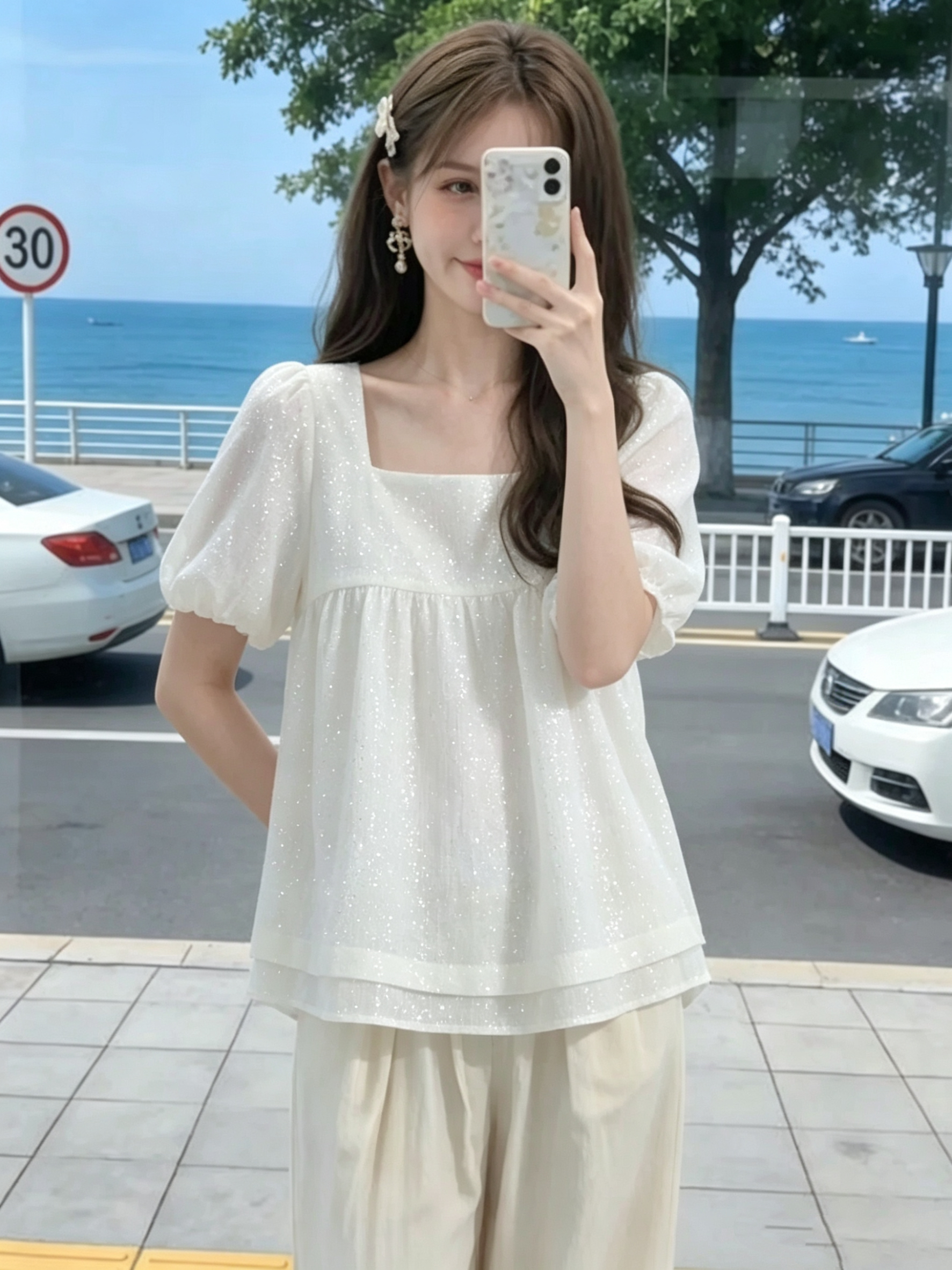 프랑스식 광장 칼라 거품 소매 여성 셔츠 고급 센스 인형 셔츠 베이지 색 맨위 프랑스식 디자인 센스 루즈핏 캐주얼