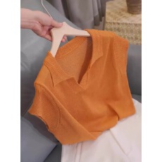 批发夏季独特超好看宽松绝美针织薄上衣高级设计感橘色飞飞短袖t恤女