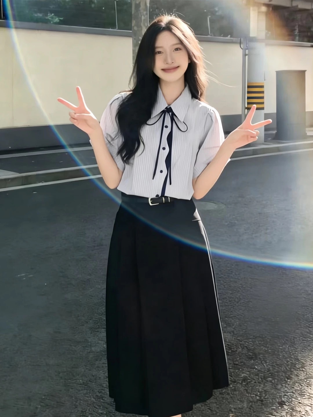 프랑스식 학원 스타일 스트라이프 반팔 여성 셔츠 여름 새로운 재시험 사망 한 아버지 갈기 작은 키 착용 가져 가라. 면접 세트 드레스