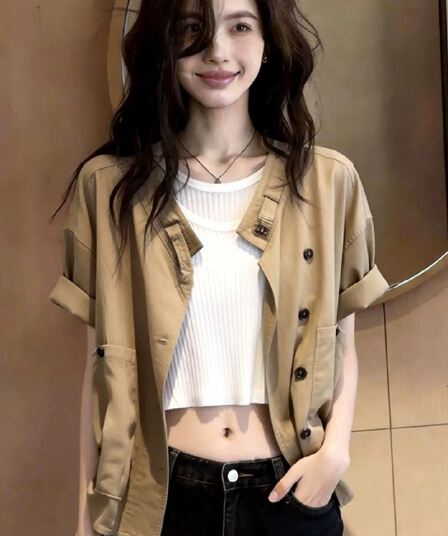 아메리칸 미니멀리즘 라운드 넥 짧은 외투 여자 2026 새로운 여름 디자인 센스 작은 대중 패션 반팔 오픈 가디건 맨위