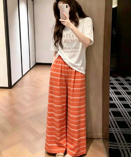 2025 자이언트 잘 생긴 ~ 중 세트 청 순수한 시스템 여름 착용 가져 가라. 주황색 스트라이프 캐주얼 바지 티셔츠 투피스 세트 여성 의류