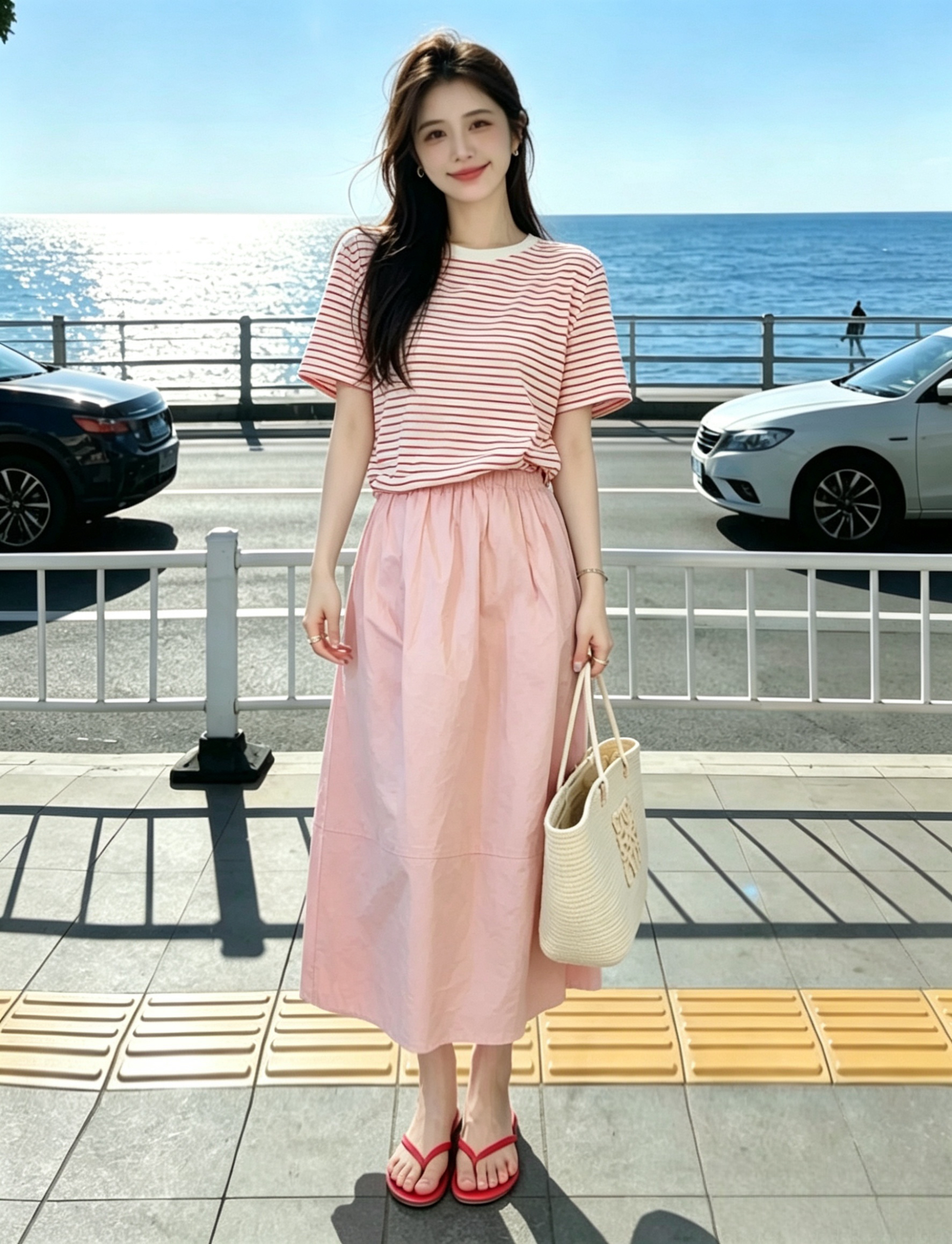 여름 드레스 우유 부서 착용 가져 가라. 전체 집합 작은 키 연령 감소 스트라이프 반팔 티셔츠 캐주얼 반신 스커트 투피스 슈트