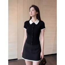 批发韩系chic别致一整套女<b class='q'>夏</b>季黑色翻领短袖t恤上衣a字半身裙两件套装